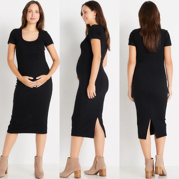 Marine Layer Lexi Dress Rib Short Sleeve Scoop Neck Bodycon Midi Black NWT Large - Picture 1 of 7